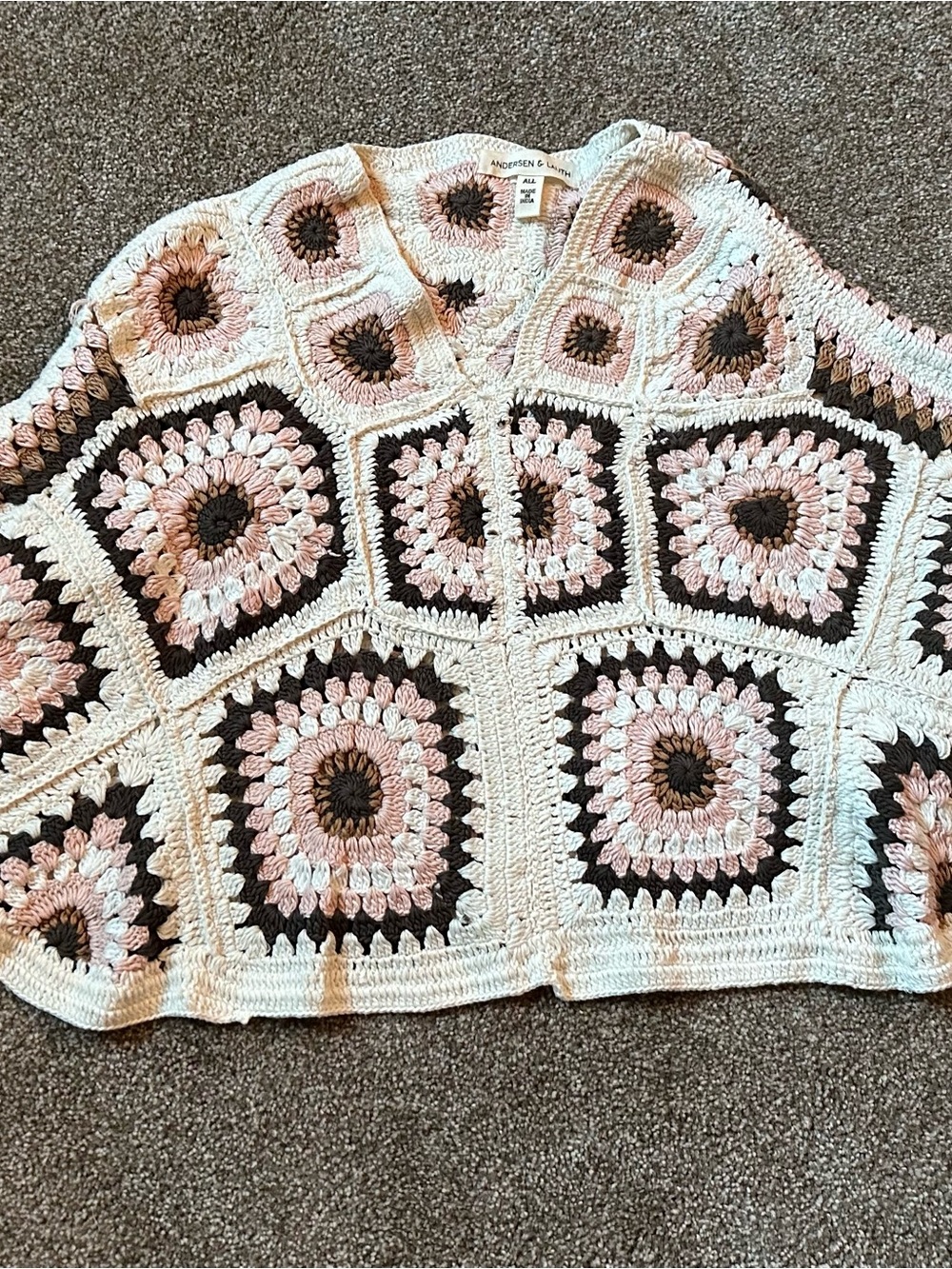 Andersen & Lauth Crochet Granny Square Poncho Pullover – Cream, Pink & Brown